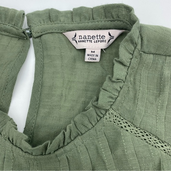 Nanette Lepore Olive Green Cap Sleeve Peasant Blouse Boho Pleat Detail Sz M - Picture 4 of 9